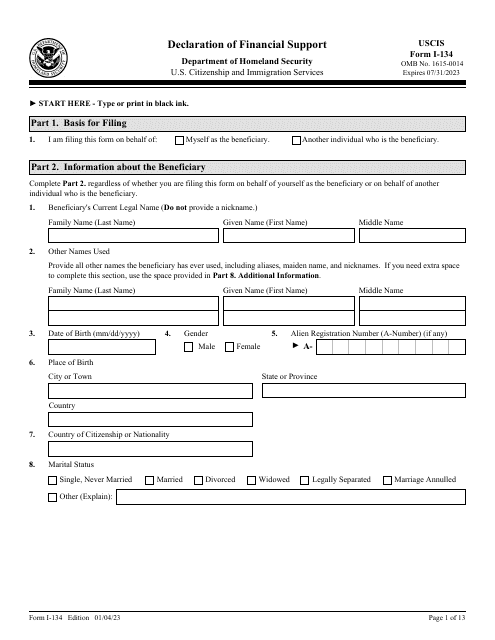 USCIS Form I-134  Printable Pdf