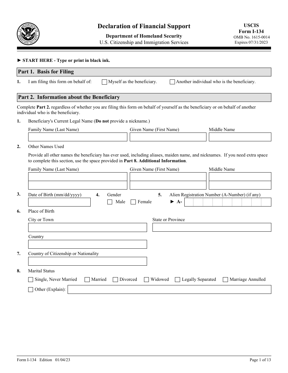 Uscis Form I 134 Download Fillable Pdf Or Fill Online Declaration Of Financial Support 0109