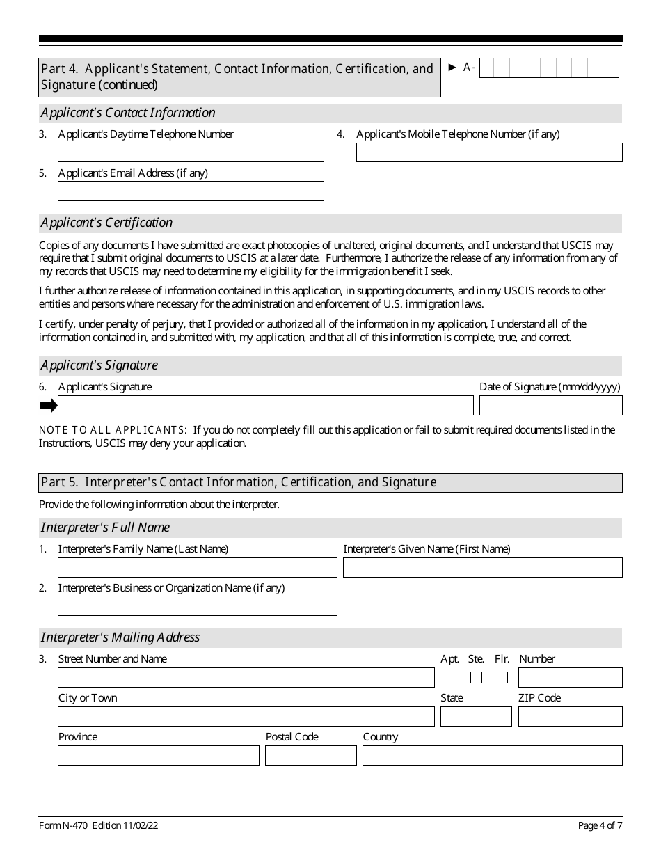 USCIS Form N-470 Download Fillable PDF or Fill Online Application to ...