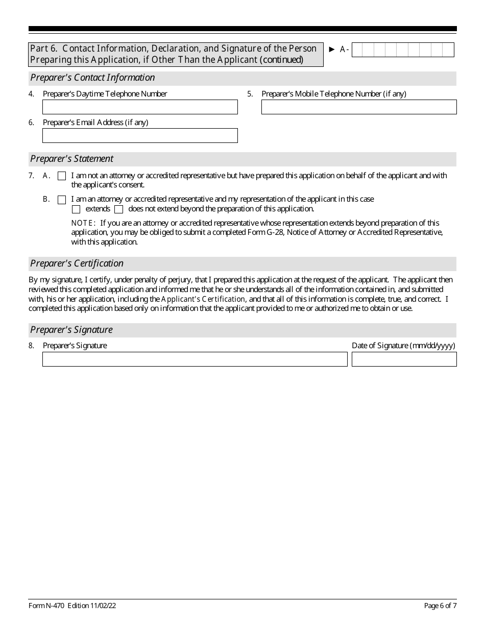 Uscis Form N 470 Download Fillable Pdf Or Fill Online Application To