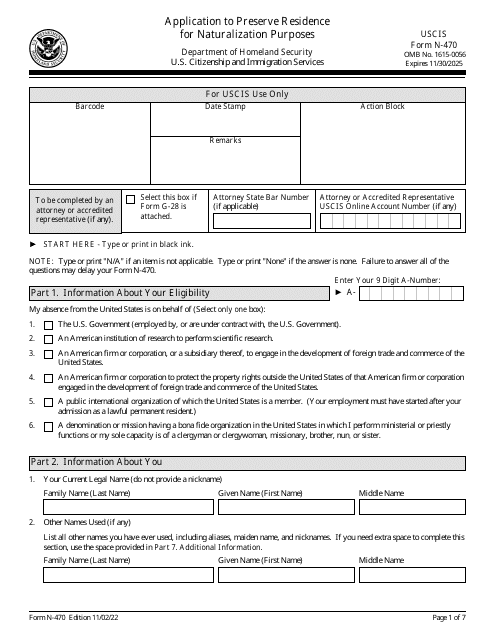 USCIS Form N-470  Printable Pdf