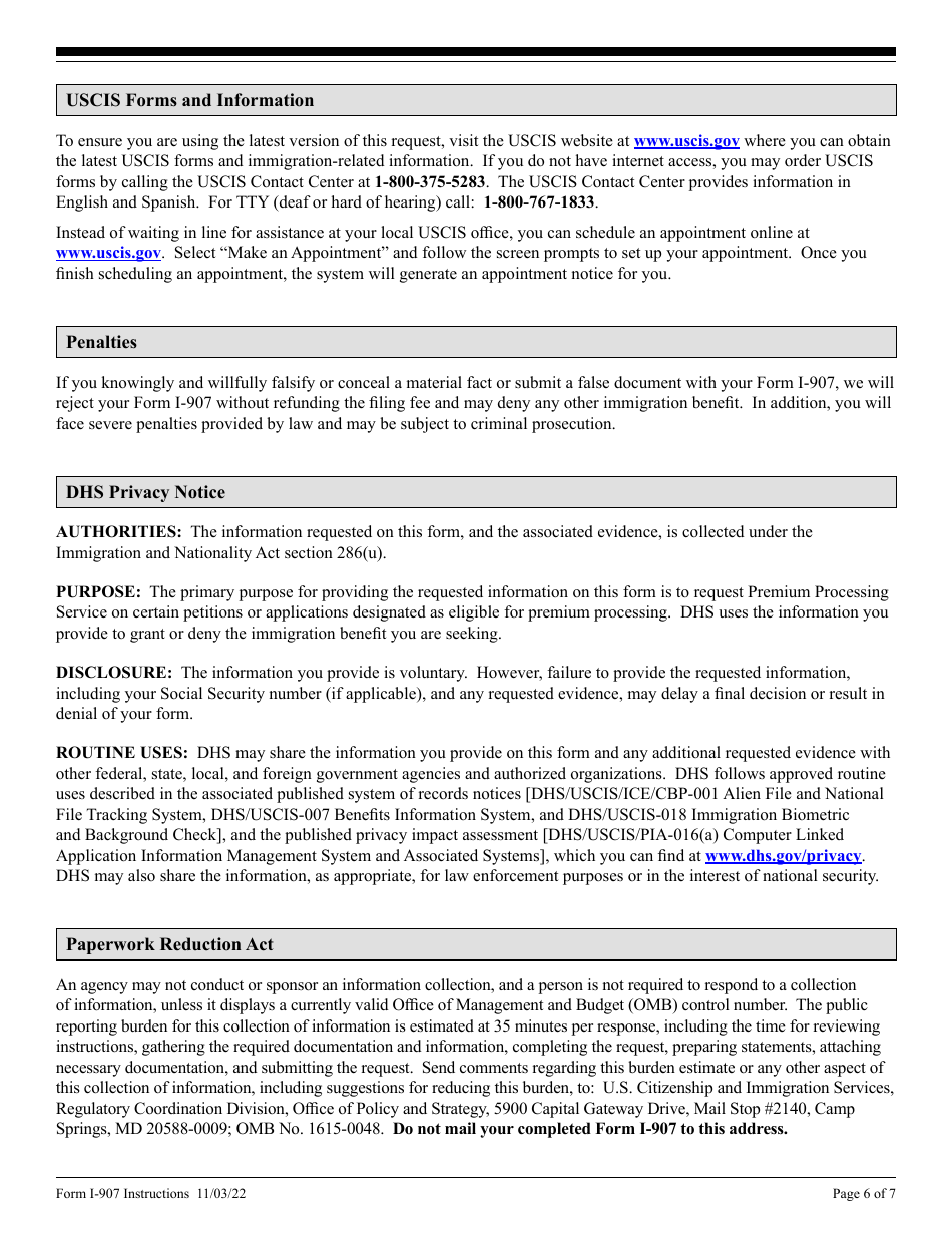 Instructions for USCIS Form I-907 Request for Premium Processing Service, Page 6