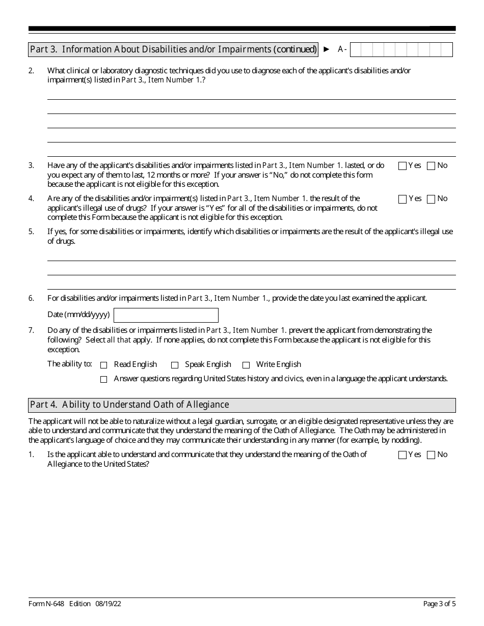 USCIS Form N 648 Download Fillable PDF Or Fill Online Medical Certification For Disability