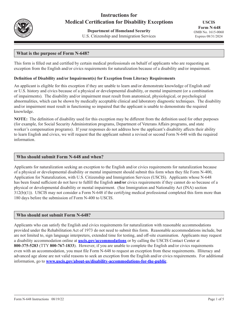 Instructions for USCIS Form N-648 Medical Certification for Disability Exceptions, Page 1