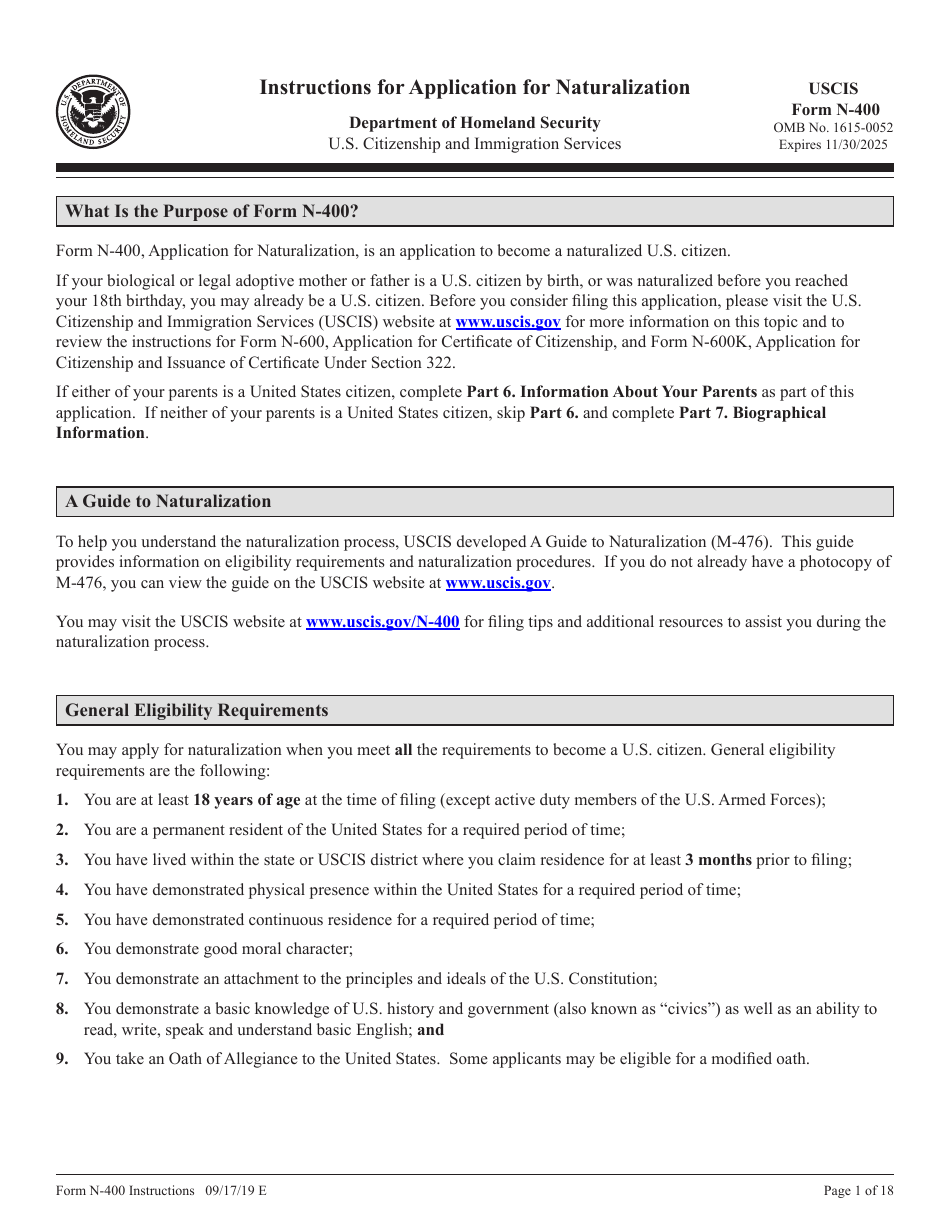 Instructions for USCIS Form N-400 Application for Naturalization, Page 1