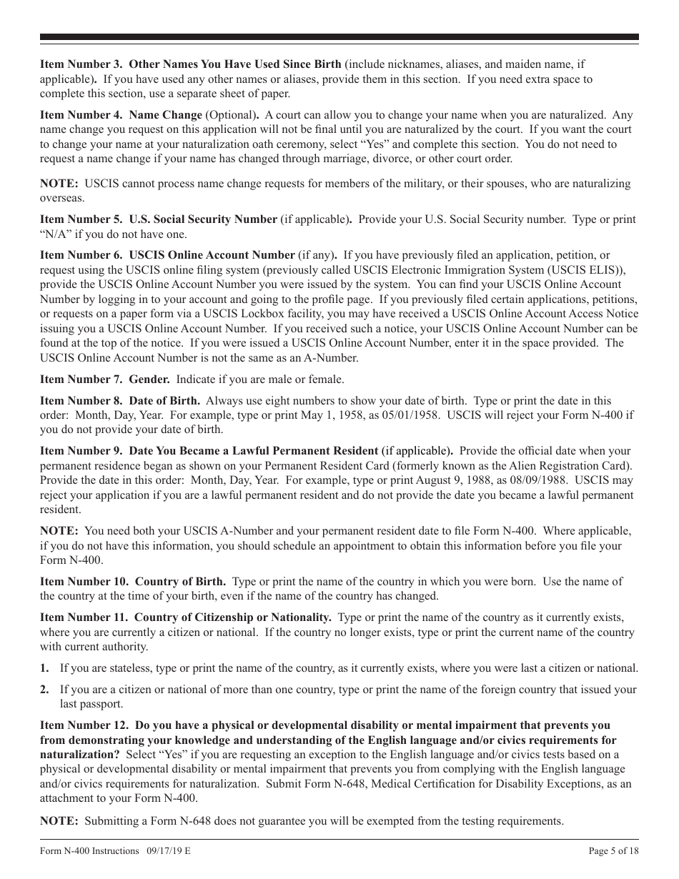 Instructions for USCIS Form N-400 Application for Naturalization, Page 5