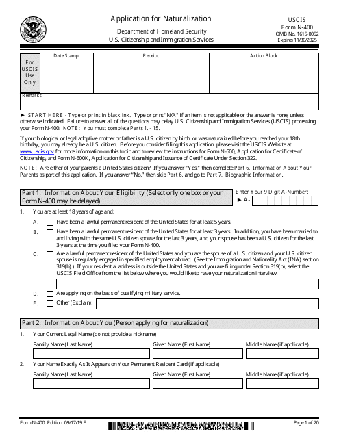 USCIS Form N-400 Application for Naturalization