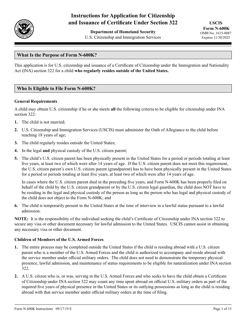 Instructions for USCIS Form N-600K Application for Citizenship and Issuance of Certificate Under Section 322, Page 1