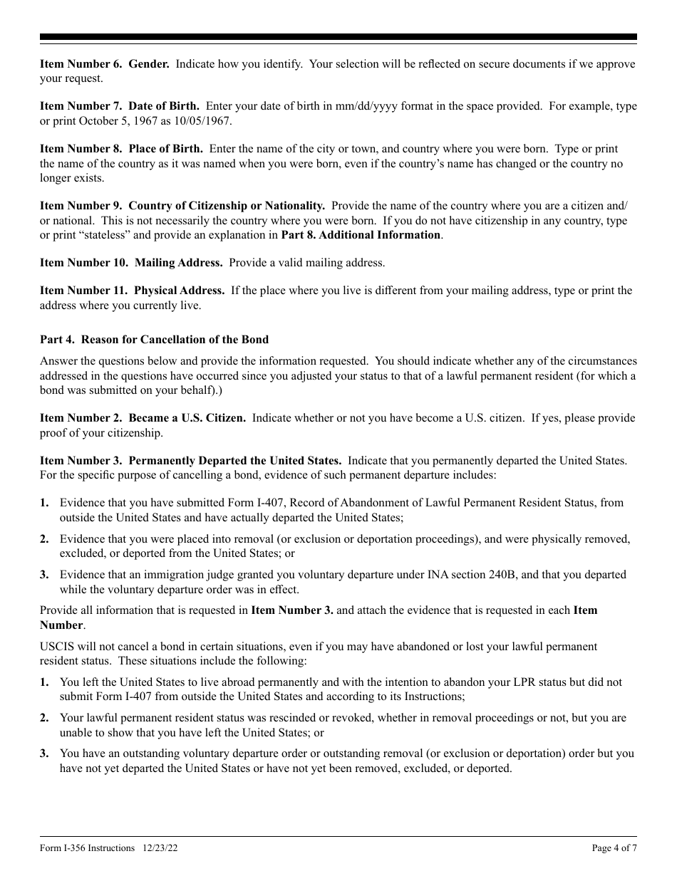Instructions for USCIS Form I-356 Request for Cancellation of Public Charge Bond, Page 4