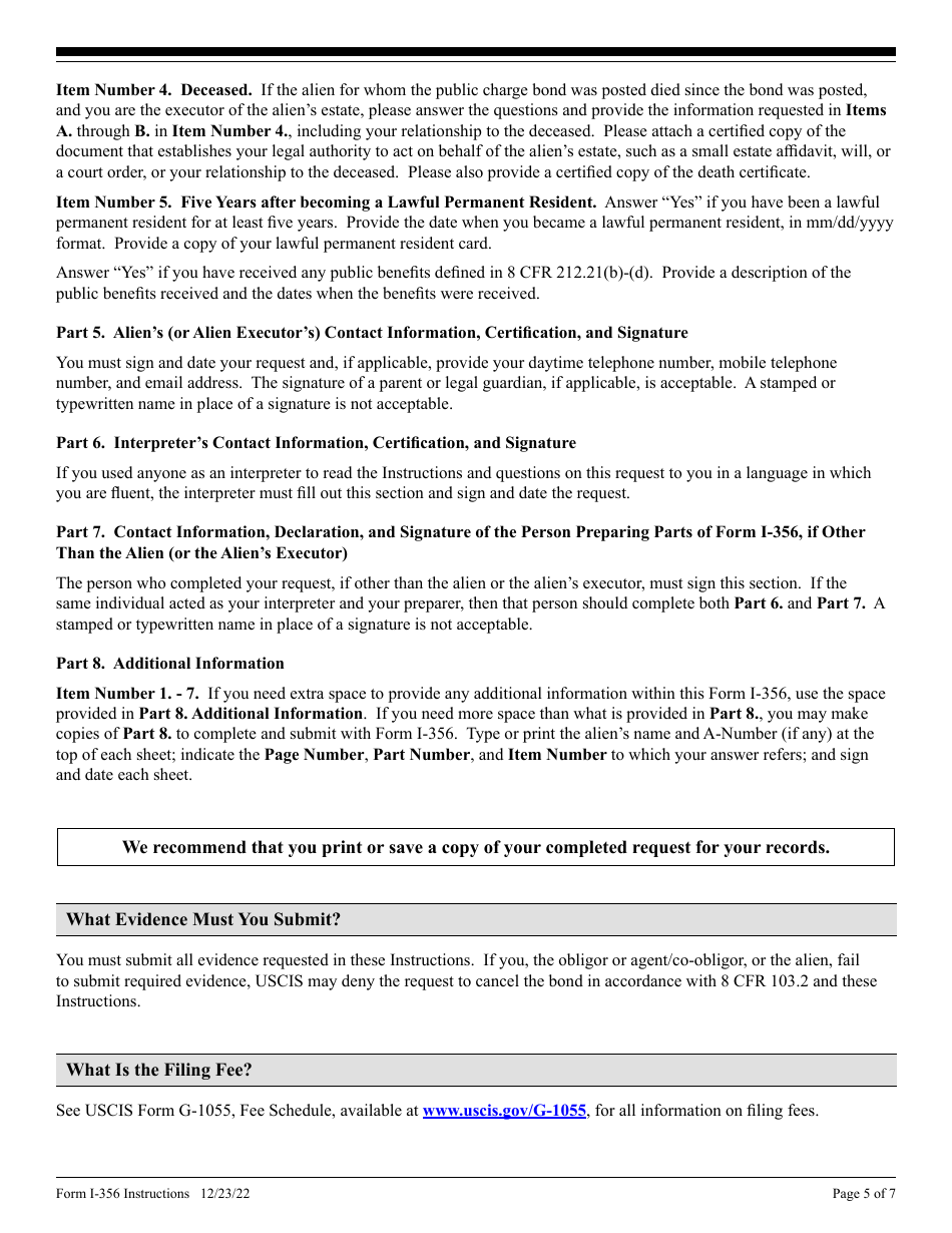 Instructions for USCIS Form I-356 Request for Cancellation of Public Charge Bond, Page 5