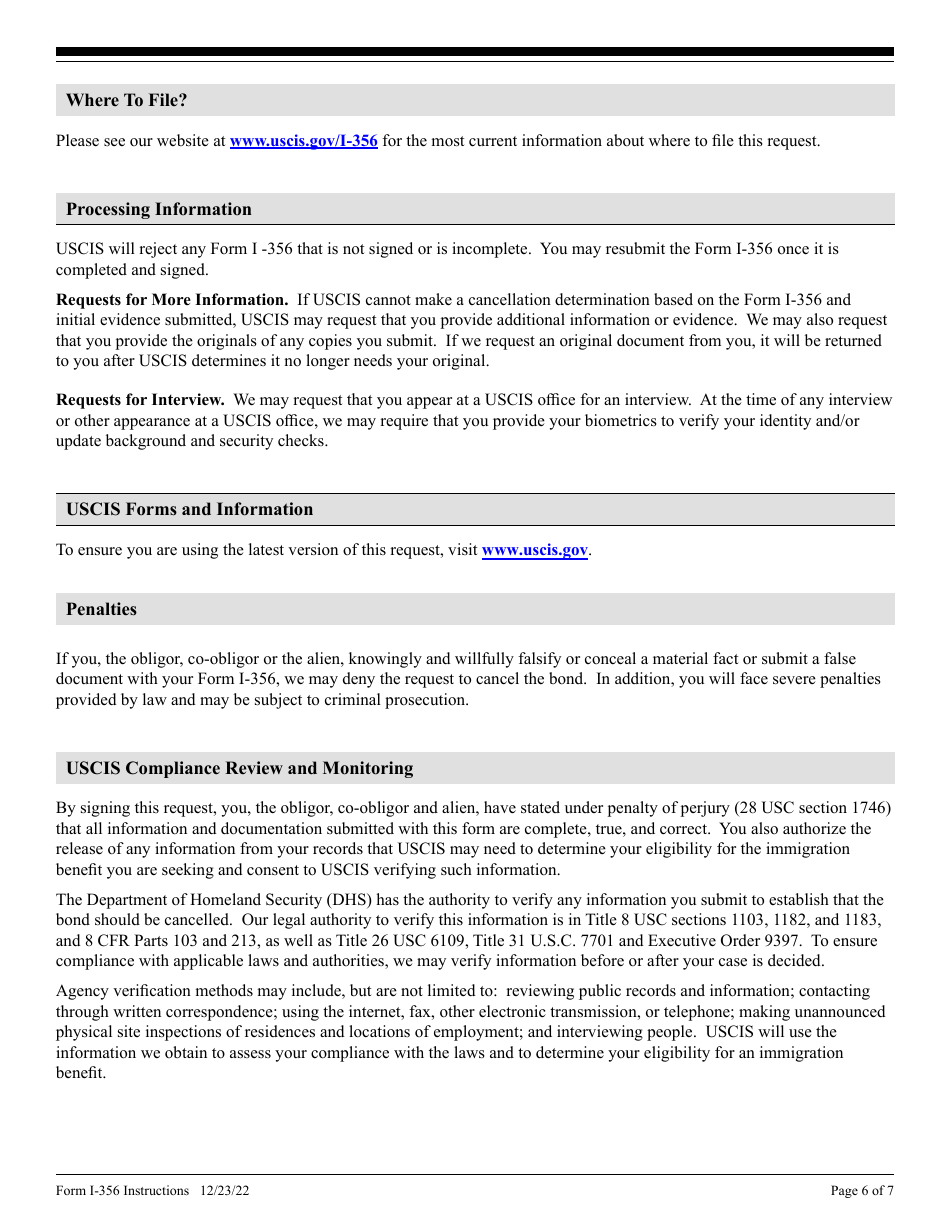 Instructions for USCIS Form I-356 Request for Cancellation of Public Charge Bond, Page 6