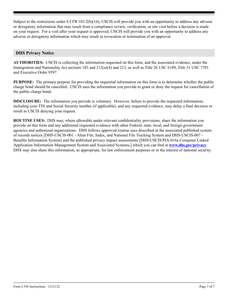 Instructions for USCIS Form I-356 Request for Cancellation of Public Charge Bond, Page 7