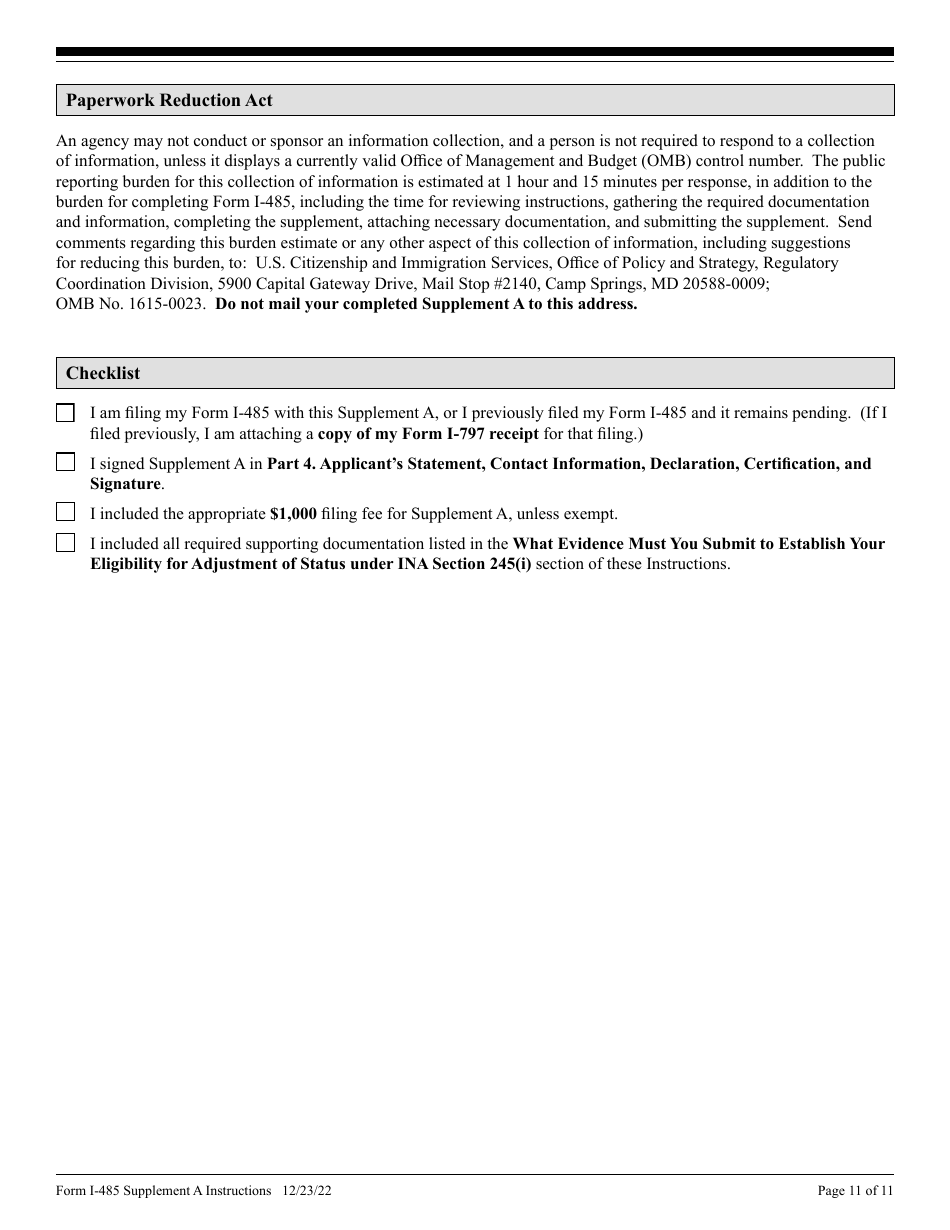 Instructions for USCIS Form I-485 Supplement A Adjustment of Status Under Section 245(I), Page 11