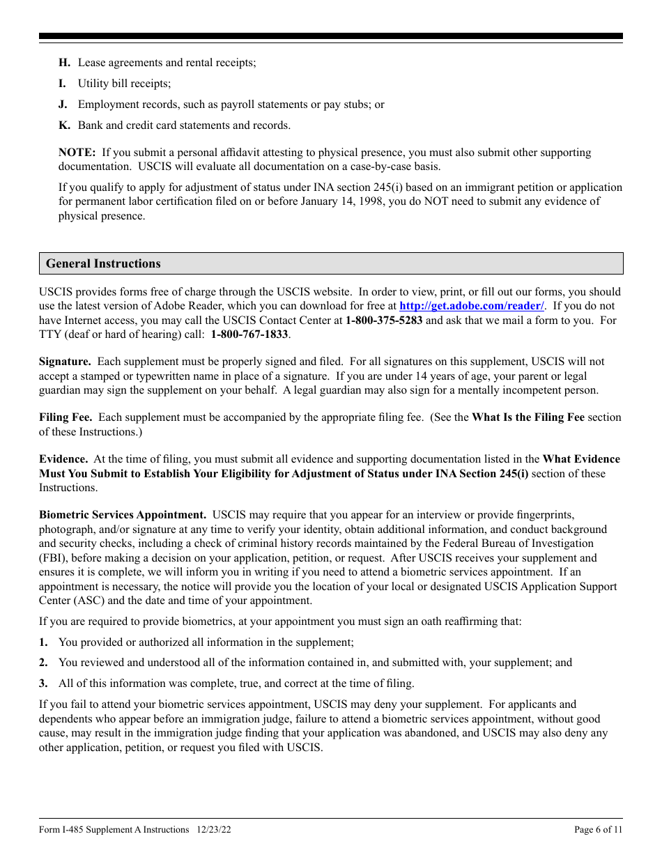 Download Instructions for USCIS Form I-485 Supplement A Adjustment of ...