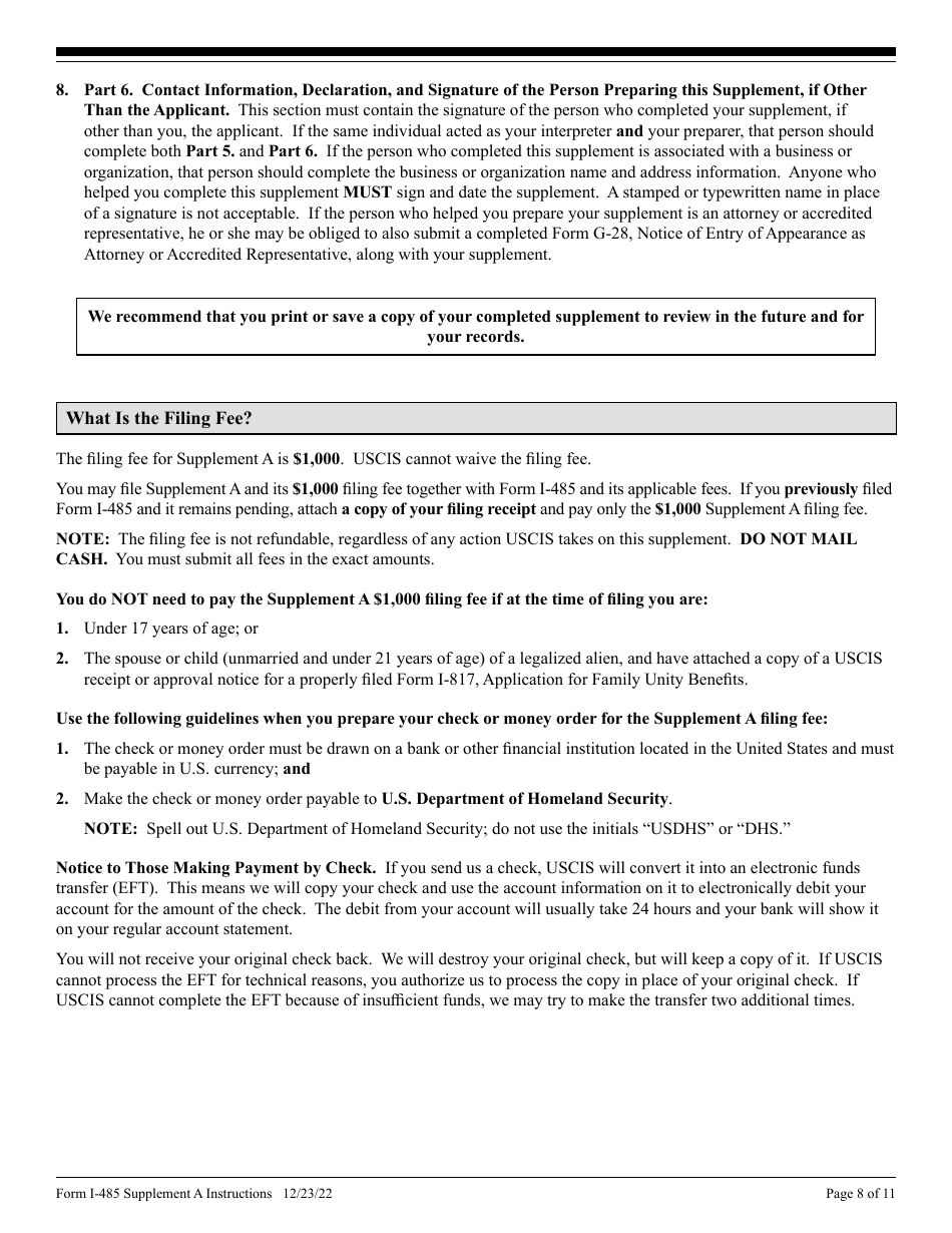 Instructions for USCIS Form I-485 Supplement A Adjustment of Status Under Section 245(I), Page 8