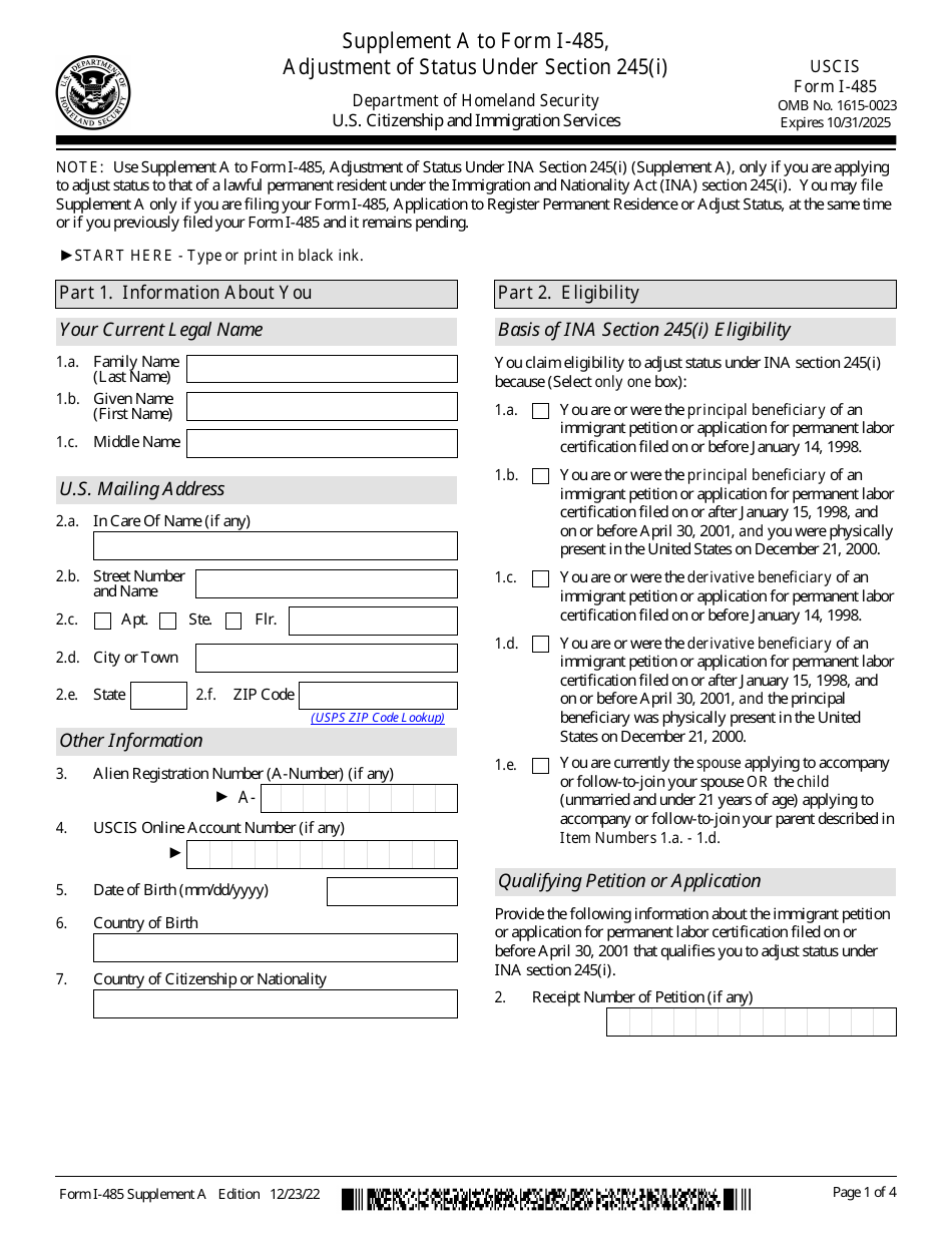 USCIS Form I-485 Supplement A Adjustment of Status Under Section 245(I), Page 1