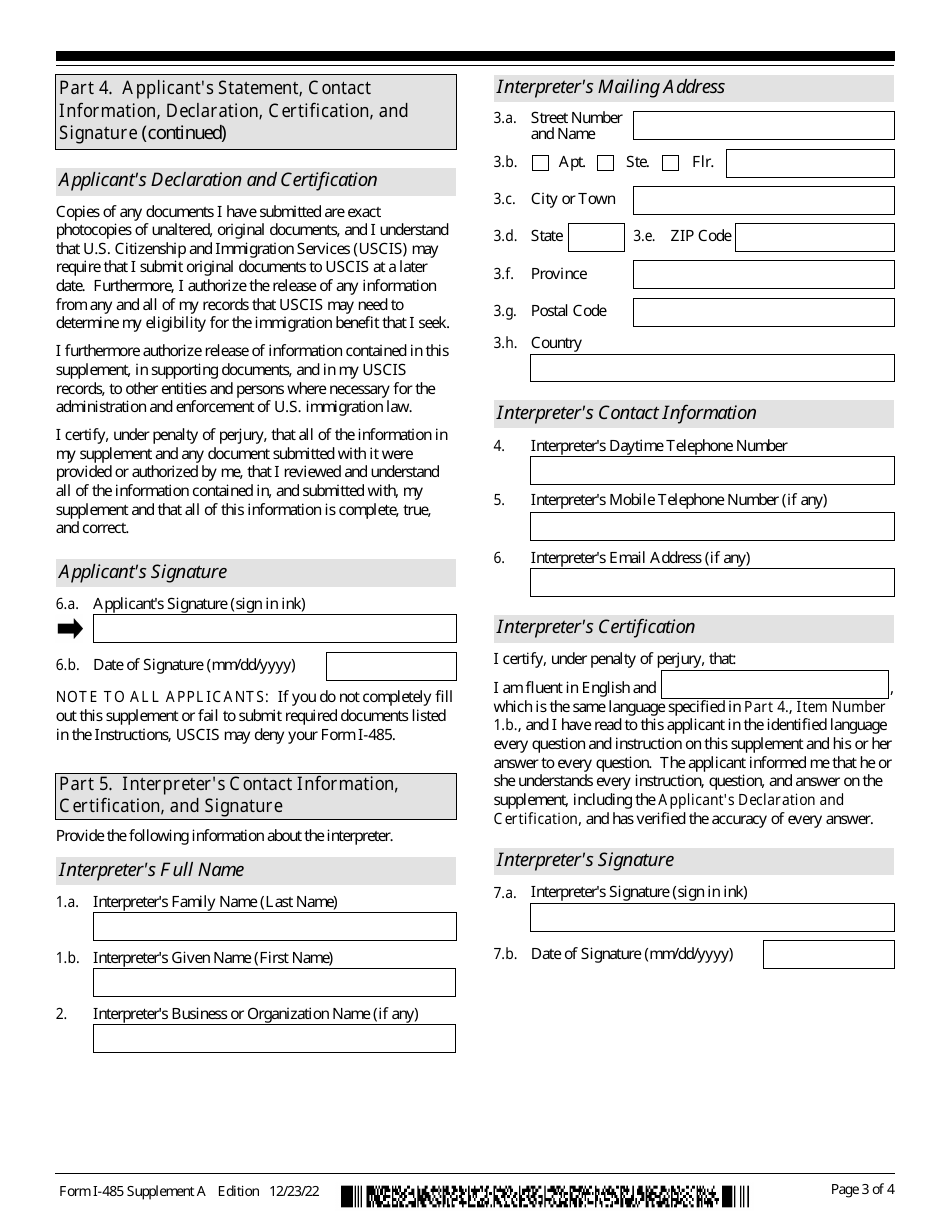 USCIS Form I-485 Supplement A Adjustment of Status Under Section 245(I), Page 3