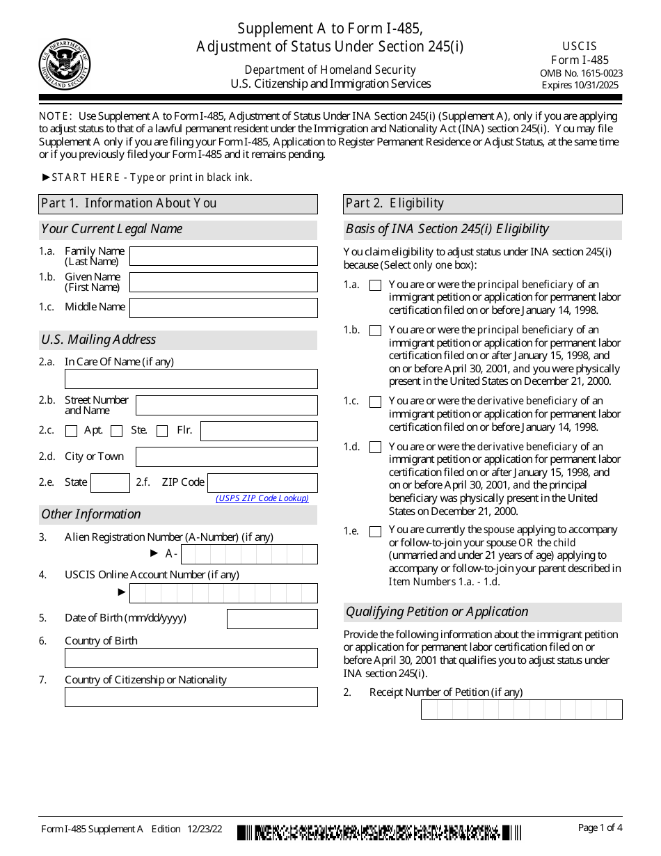 USCIS Form I485 Supplement A Fill Out, Sign Online and Download