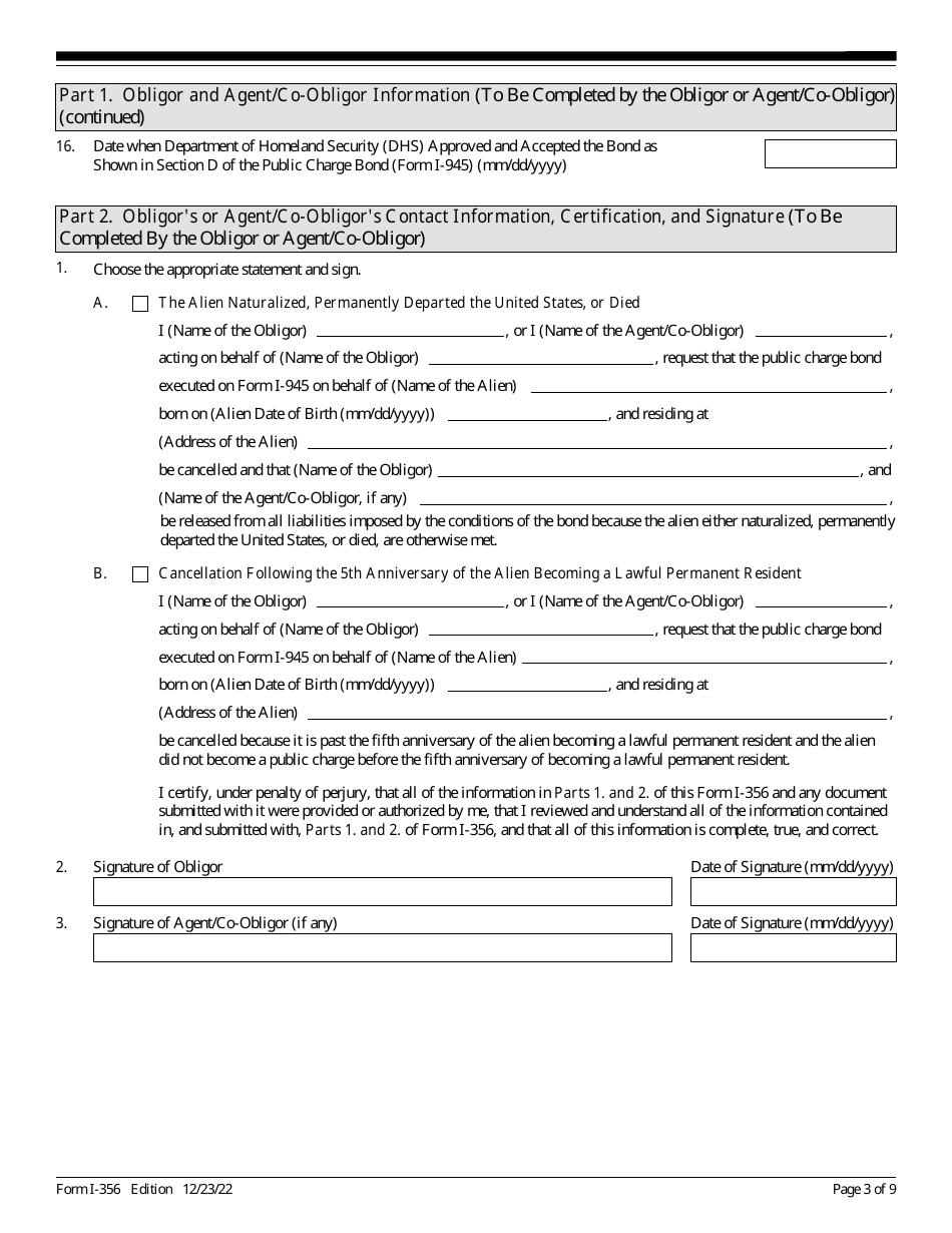 USCIS Form I-356 Request for Cancellation of Public Charge Bond, Page 3