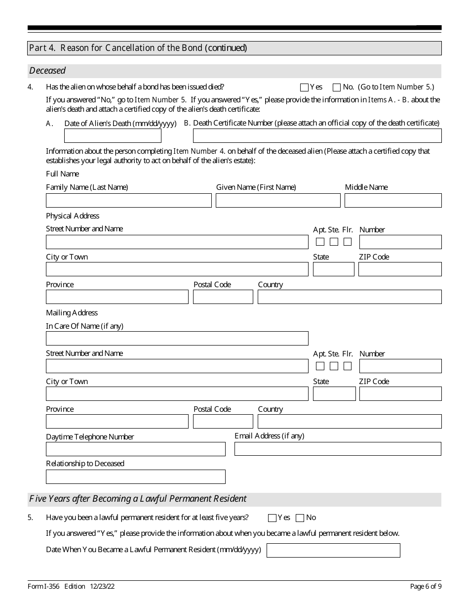 USCIS Form I-356 Request for Cancellation of Public Charge Bond, Page 6