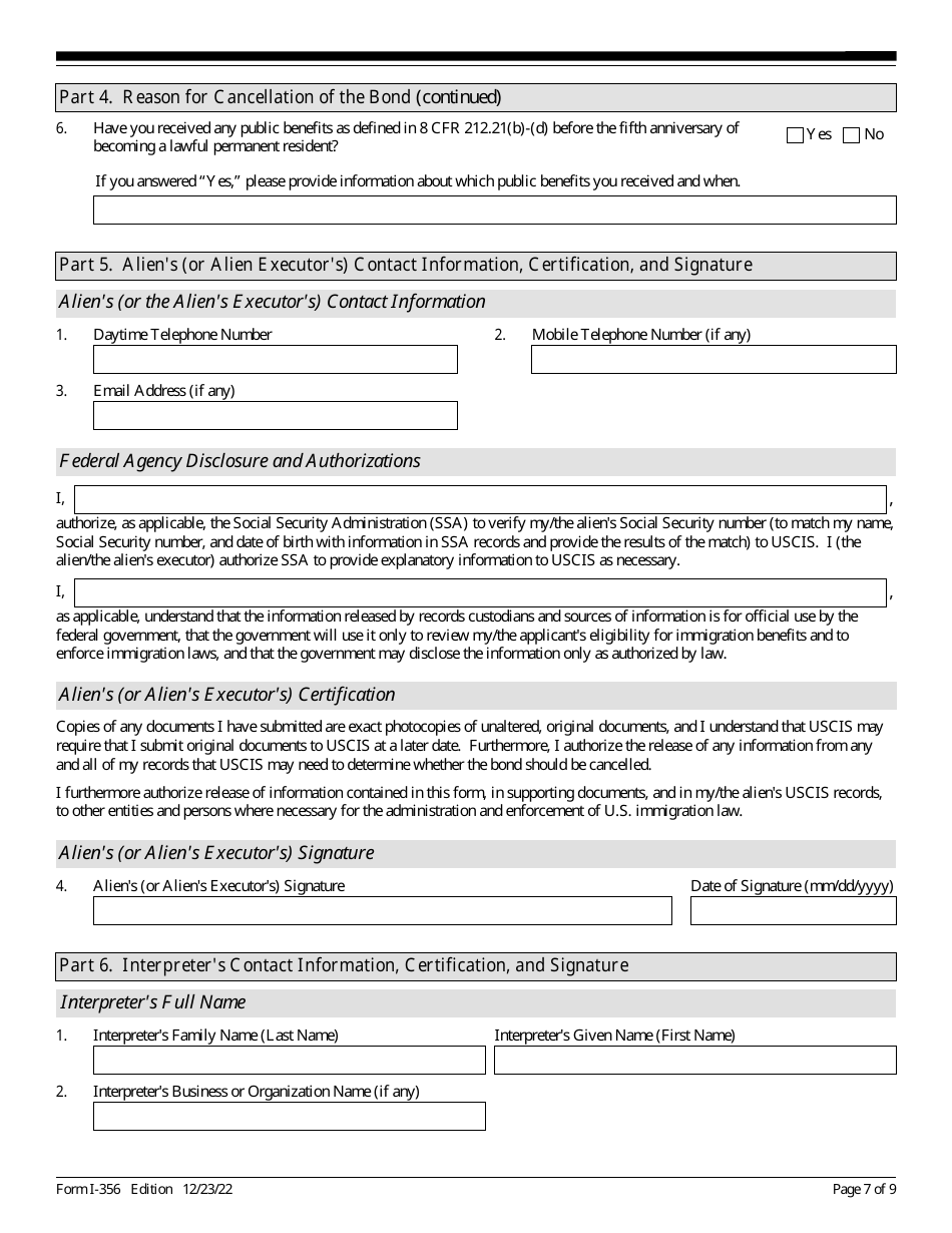 USCIS Form I-356 Request for Cancellation of Public Charge Bond, Page 7