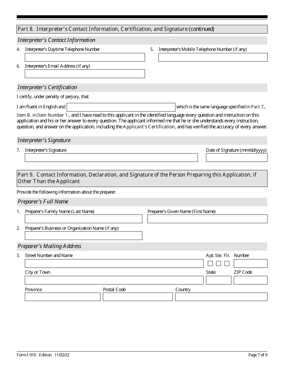 USCIS Form I-910 Download Fillable PDF or Fill Online Application for ...