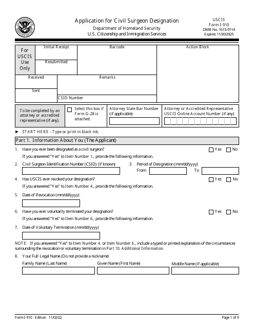 USCIS Form I-910 Application for Civil Surgeon Designation