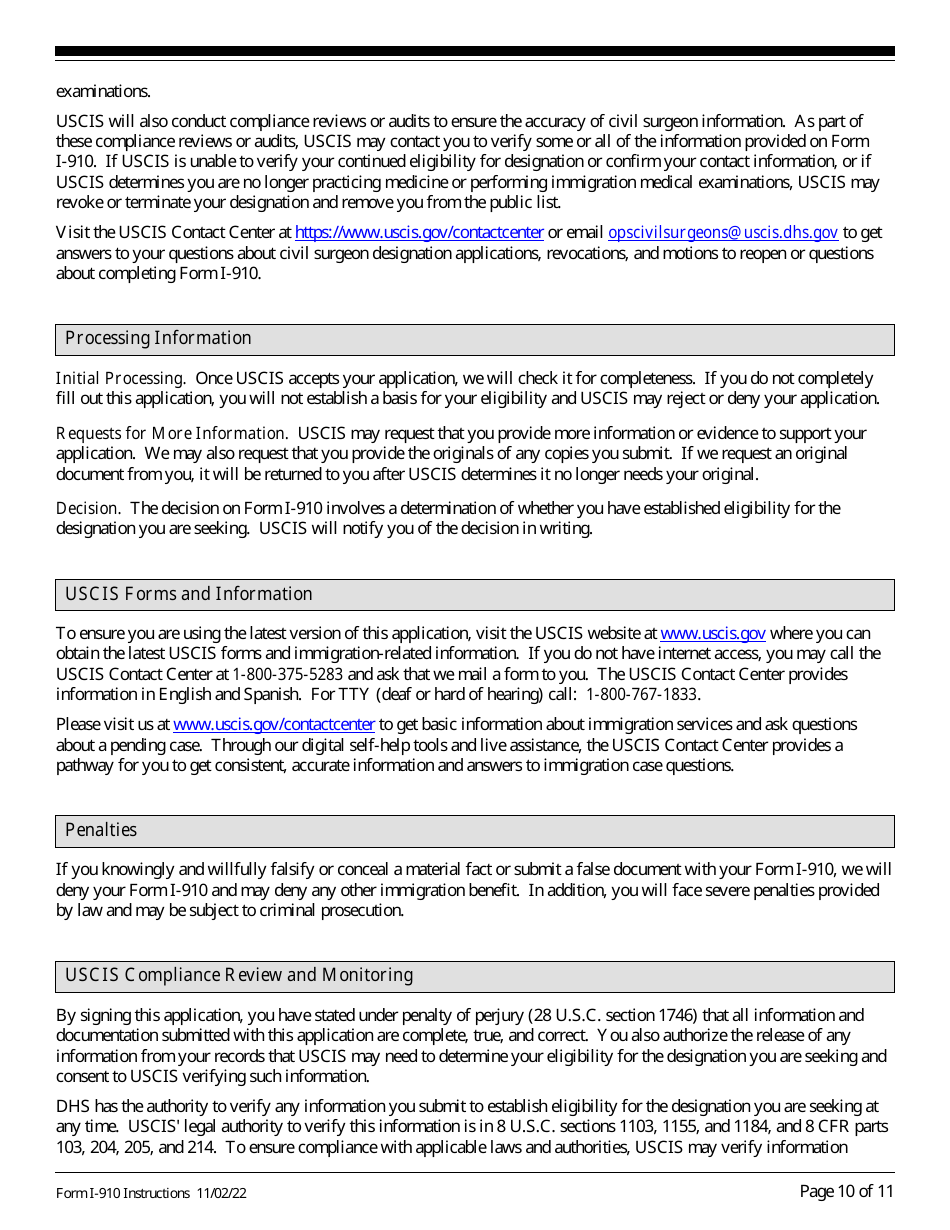 Instructions for USCIS Form I-910 Application for Civil Surgeon Designation, Page 10
