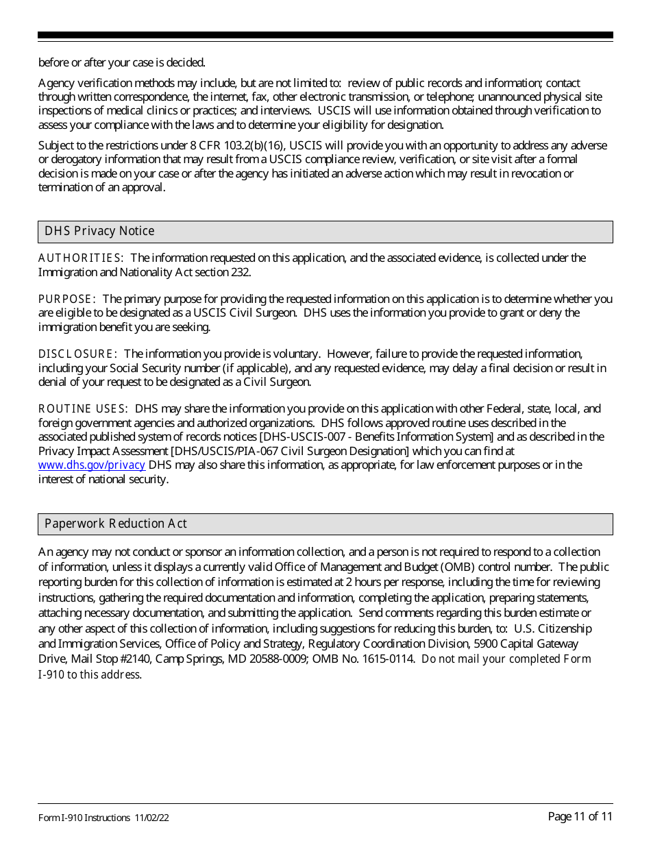 Instructions for USCIS Form I-910 Application for Civil Surgeon Designation, Page 11