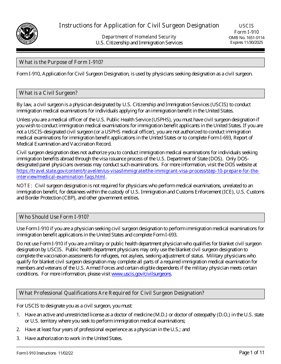 Instructions for USCIS Form I-910 Application for Civil Surgeon Designation, Page 1