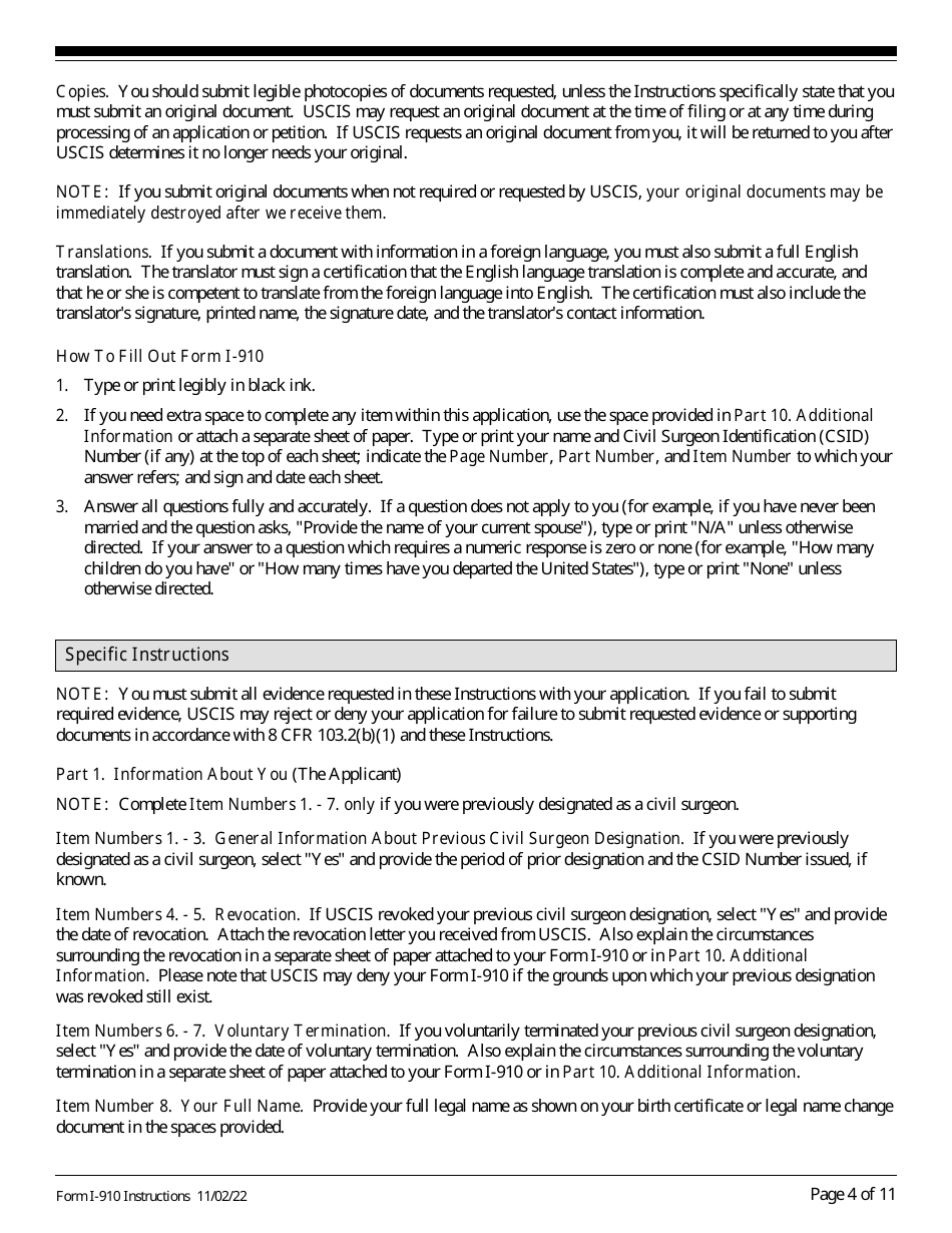 Instructions for USCIS Form I-910 Application for Civil Surgeon Designation, Page 4