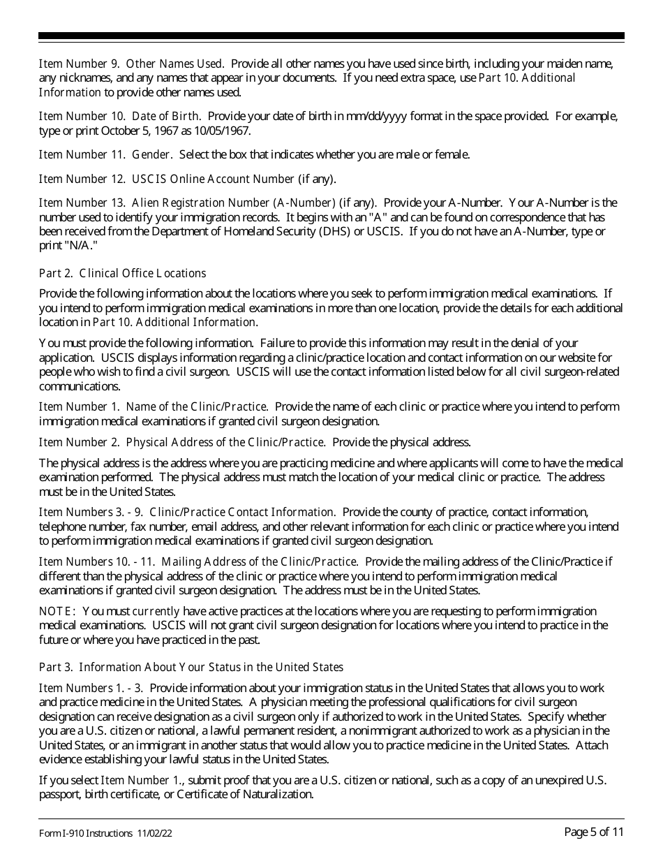 Instructions for USCIS Form I-910 Application for Civil Surgeon Designation, Page 5