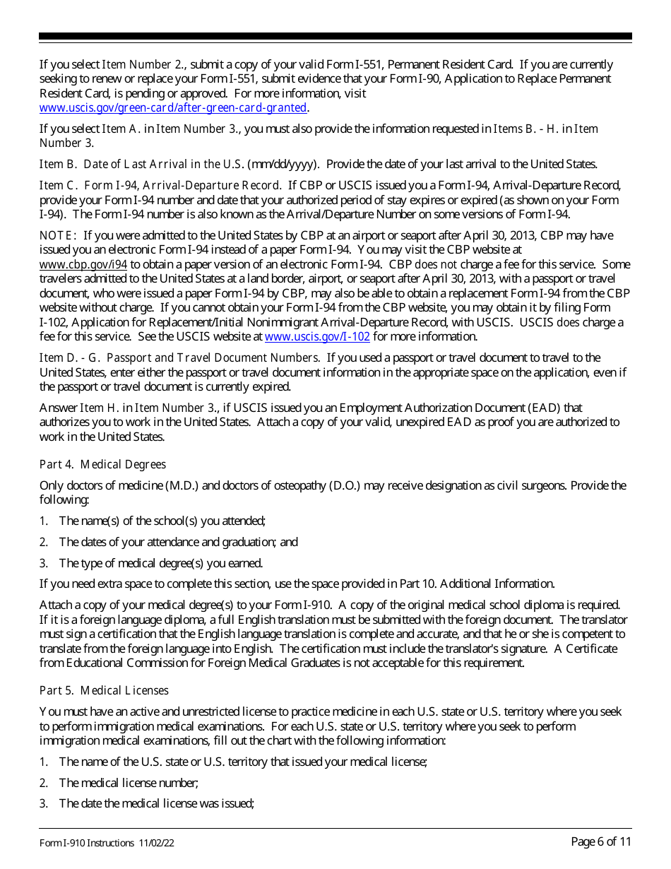 Instructions for USCIS Form I-910 Application for Civil Surgeon Designation, Page 6