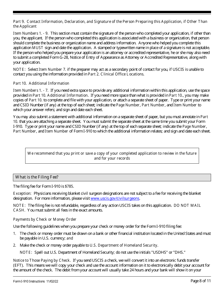 Instructions for USCIS Form I-910 Application for Civil Surgeon Designation, Page 8