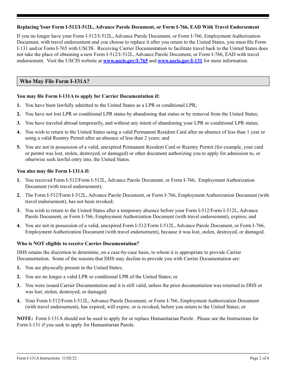 Instructions for USCIS Form I-131A Application for Carrier Documentation, Page 2