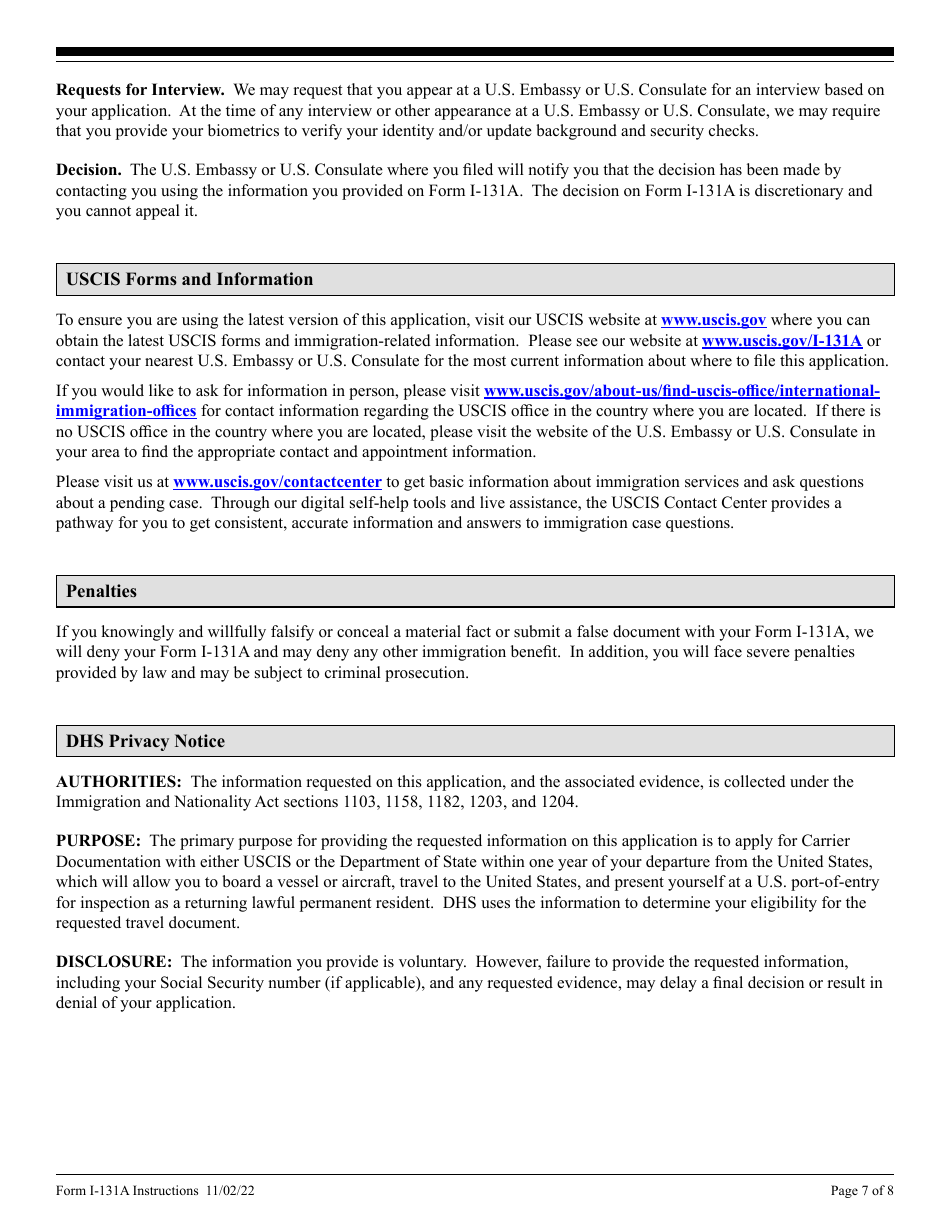 Instructions for USCIS Form I-131A Application for Carrier Documentation, Page 7