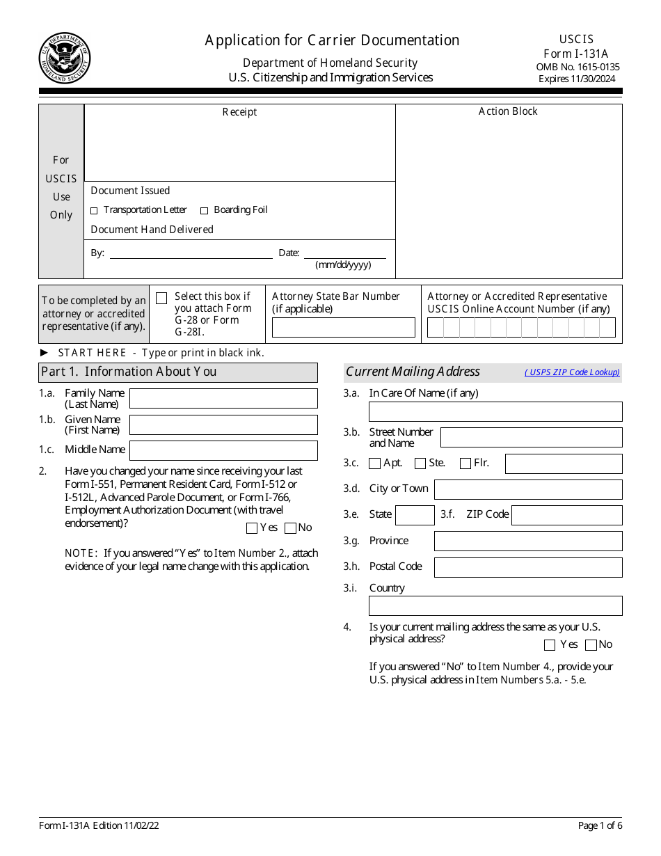USCIS Form I-131A Application for Carrier Documentation, Page 1