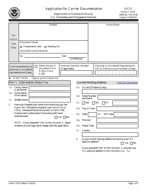 USCIS Form I-131A Application for Carrier Documentation