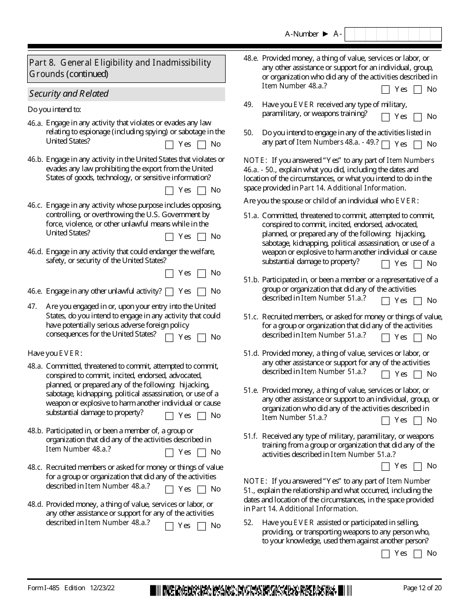 USCIS Form I-485 Application to Register Permanent Residence or Adjust Status, Page 12