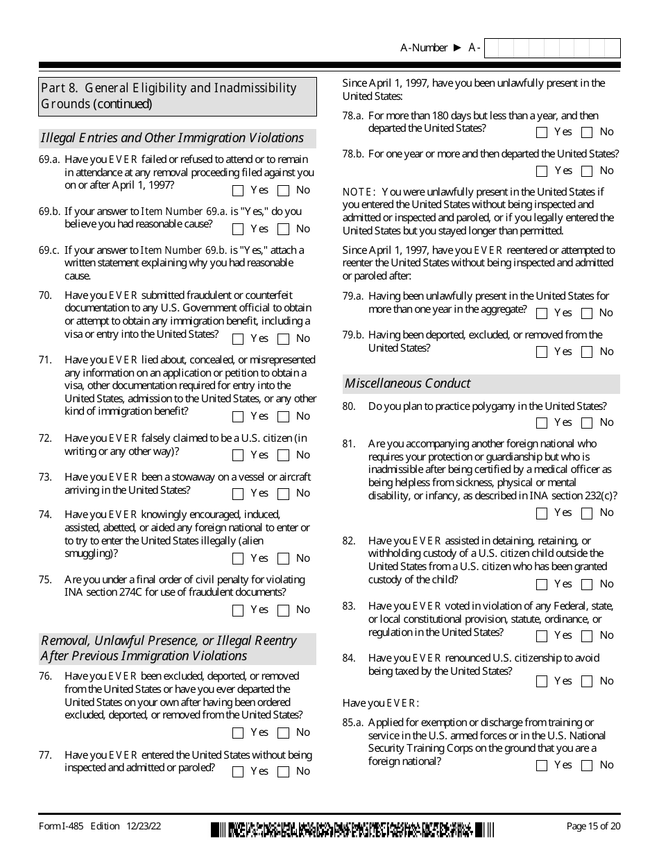 USCIS Form I-485 Application to Register Permanent Residence or Adjust Status, Page 15