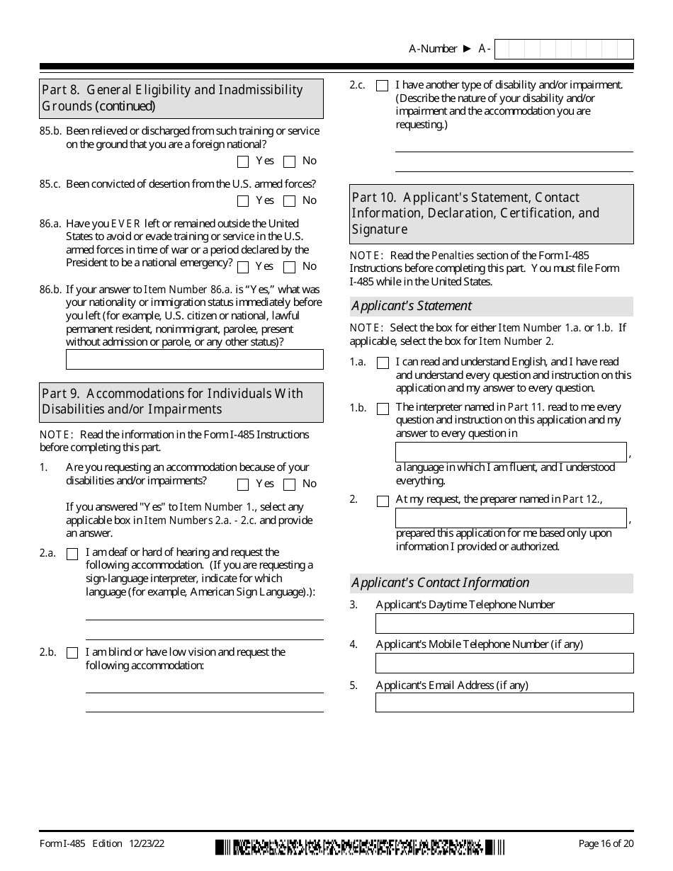 USCIS Form I-485 Application to Register Permanent Residence or Adjust Status, Page 16