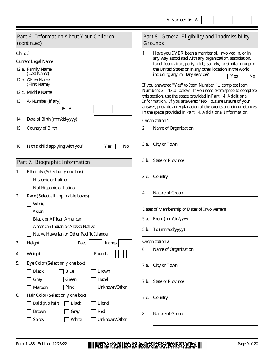 USCIS Form I-485 Application to Register Permanent Residence or Adjust Status, Page 9