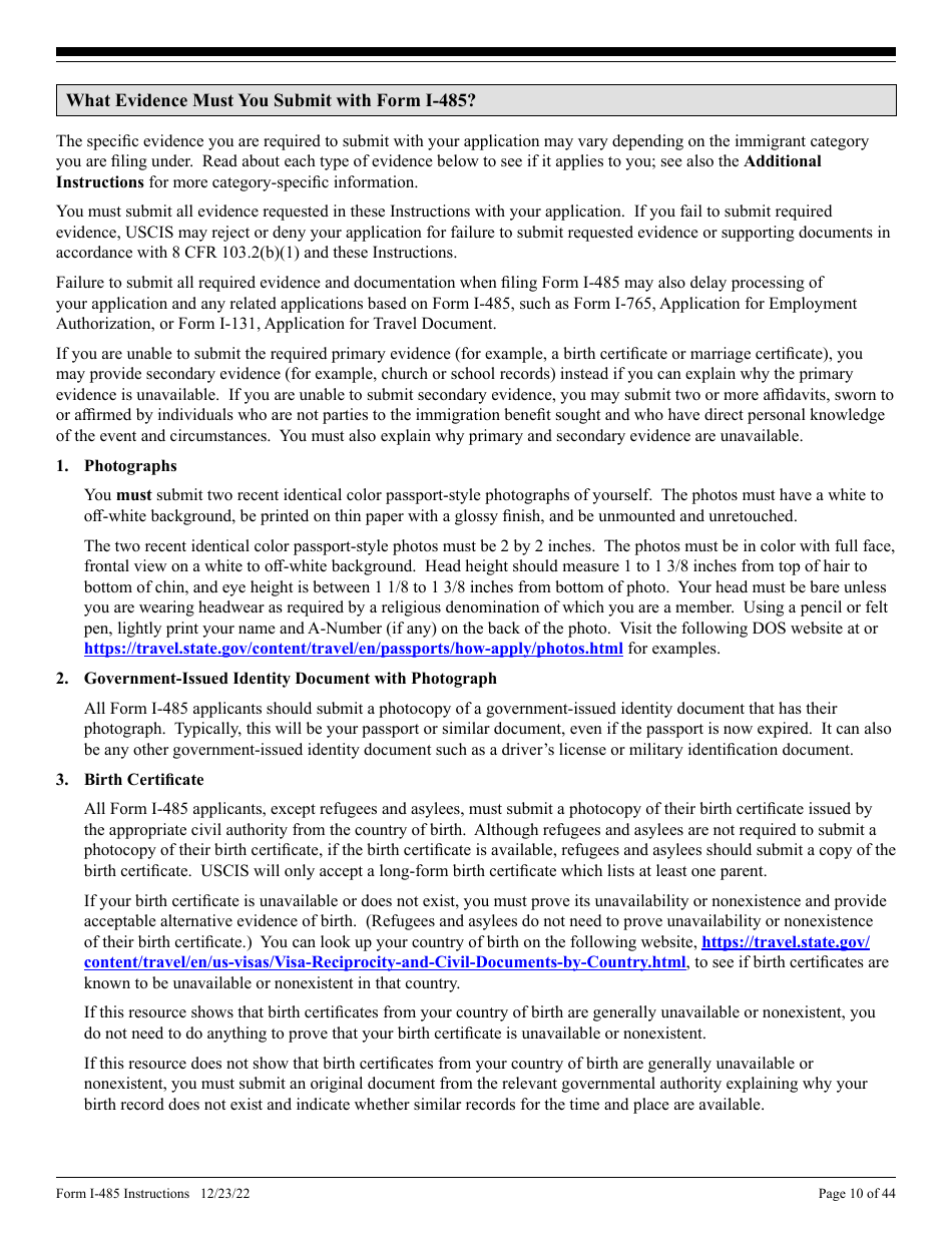 Instructions for USCIS Form I-485 Application to Register Permanent Residence or Adjust Status, Page 10