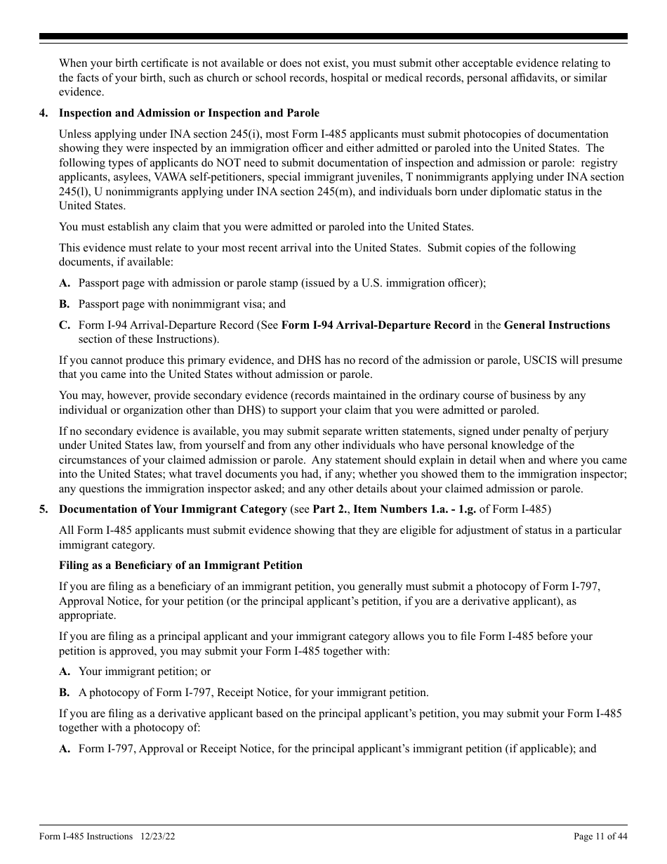 Instructions for USCIS Form I-485 Application to Register Permanent Residence or Adjust Status, Page 11