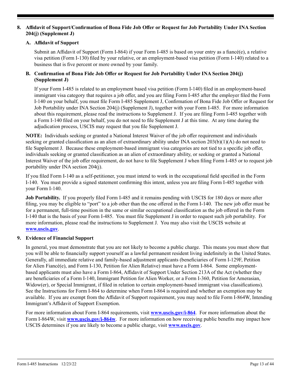 Instructions for USCIS Form I-485 Application to Register Permanent Residence or Adjust Status, Page 13