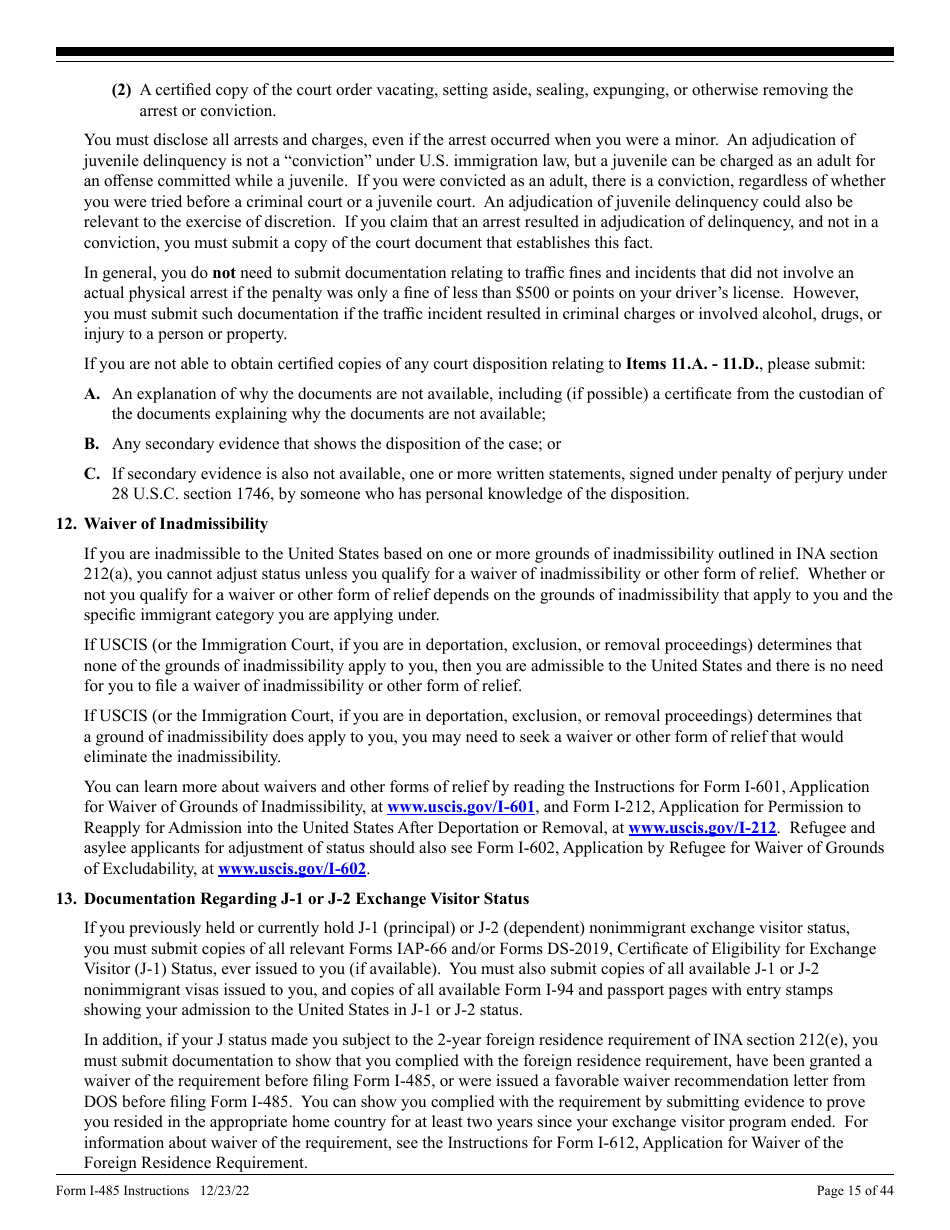 Instructions for USCIS Form I-485 Application to Register Permanent Residence or Adjust Status, Page 15