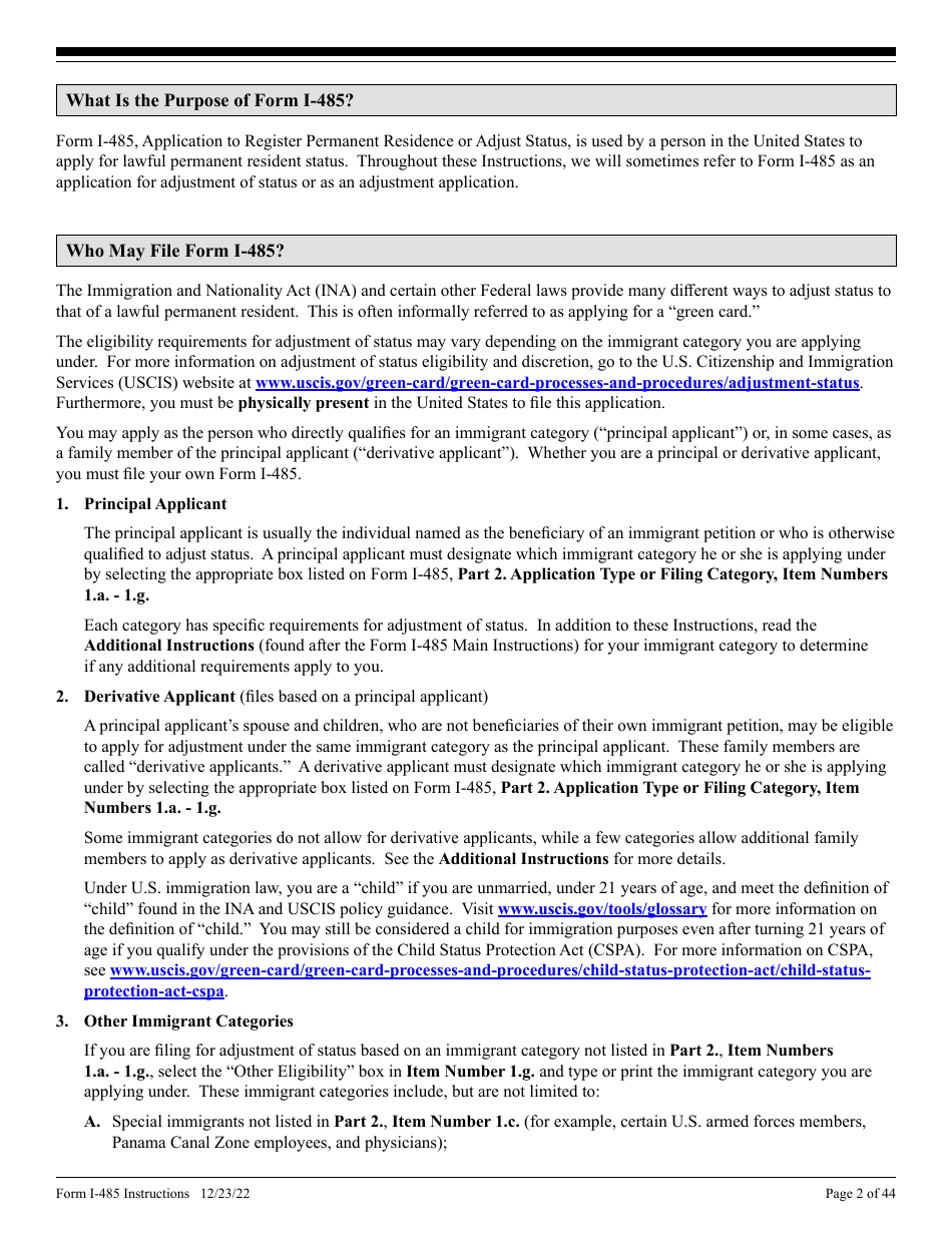 Instructions for USCIS Form I-485 Application to Register Permanent Residence or Adjust Status, Page 2