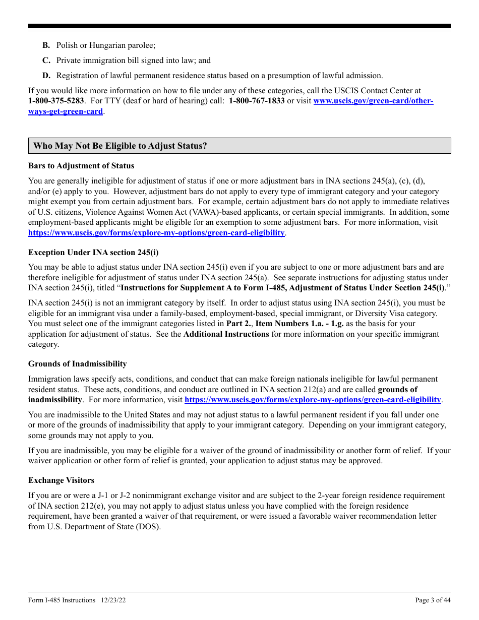 Instructions for USCIS Form I-485 Application to Register Permanent Residence or Adjust Status, Page 3