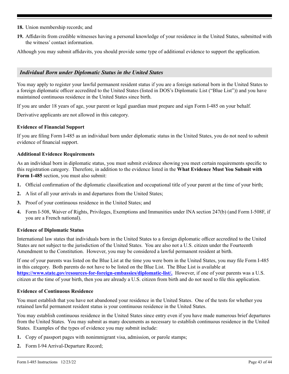 Instructions for USCIS Form I-485 Application to Register Permanent Residence or Adjust Status, Page 43