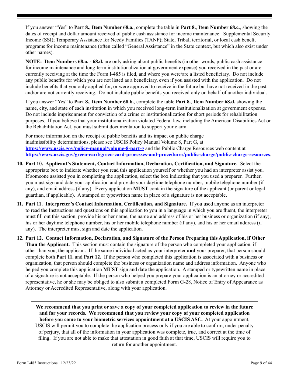 Instructions for USCIS Form I-485 Application to Register Permanent Residence or Adjust Status, Page 9